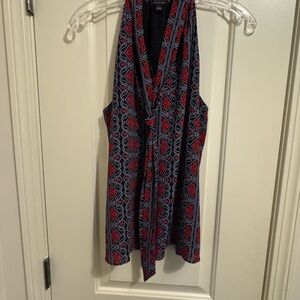 Ann Taylor Red and Navy Patterned Blouse